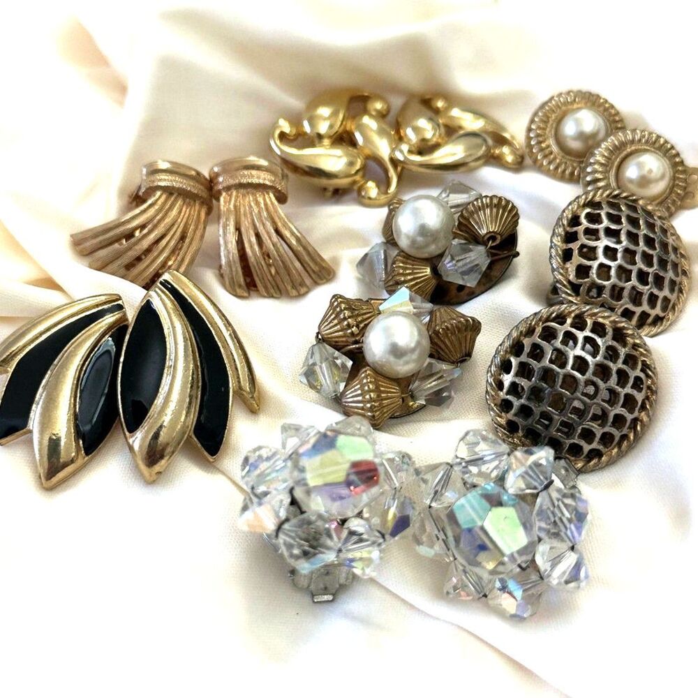 Vintage gold tone clip on earrings lot retro glam